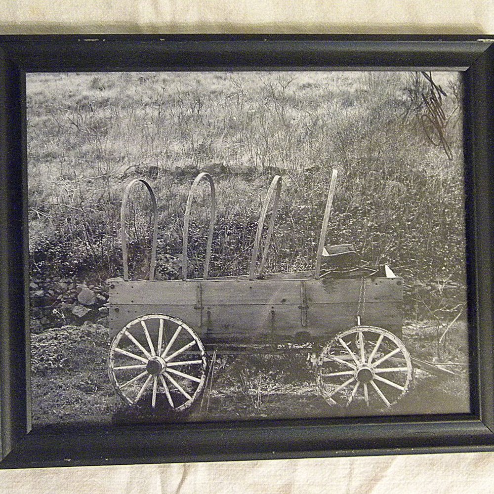 vintage black white Photograph of old Pioneer wagon